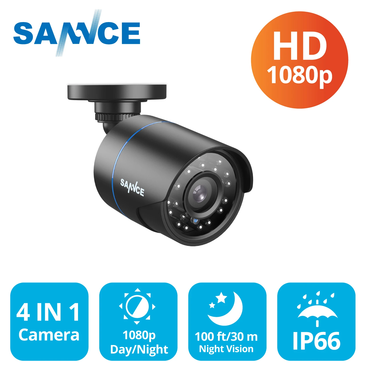 SANNCE 1080P Dome Security Camera 4-in-1 for AHD/TVI/CVI/CVBS  Smart IR Night Vision IP66 Weatherproof Analog Surveillance Video