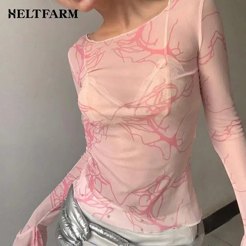 Tie Dye Mesh Tops Long Sleeve Graphic Print Sexy See Through T Shirt Women Tops Y2K Vintage Grunge