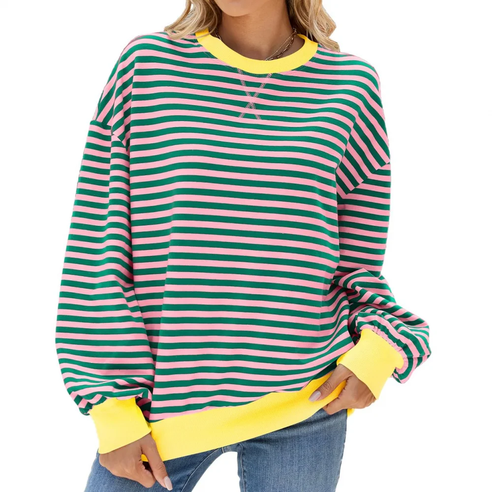 Women Oversized Striped Color Block Long Sleeve Crew Neck Sweatshirt Casual Loose Pullover Y2K Shirt Top