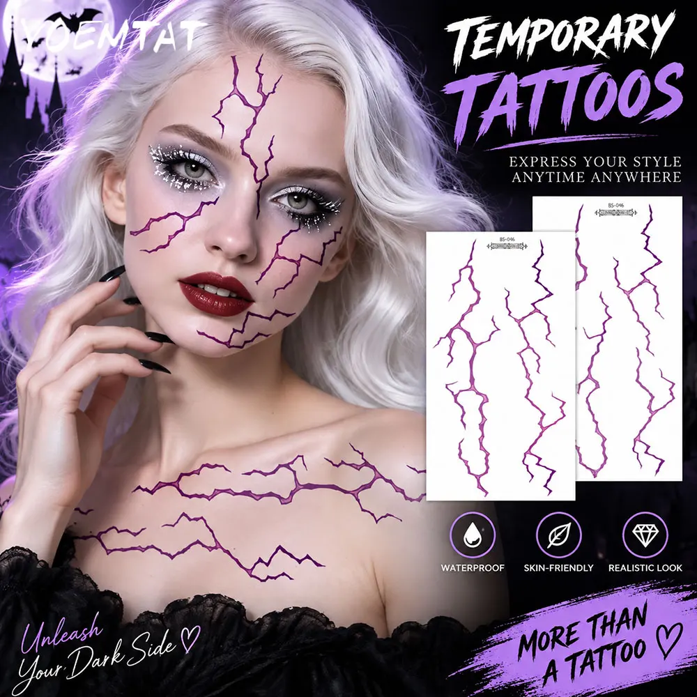 2pcs Purple Crack Lightning Temporary Tattoo Stickers Waterproof Face Fake Tattoos For Halloween Cosplay Party Body Art Decals