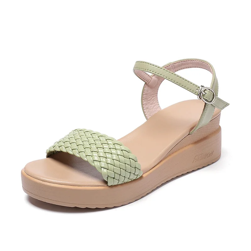 

5.5cm Plus Size 35-42 All Match Knit Platform Wedges Sandals Summer 2026 Thick Bottom Genuine Leather Sandals for Office Beach