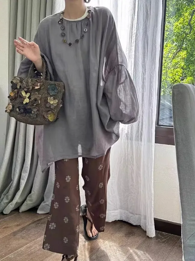 Ele Retro Lantern Sve irt Haut de protection solaire mi-long ample et décontracté pour femme pour l'été 2025