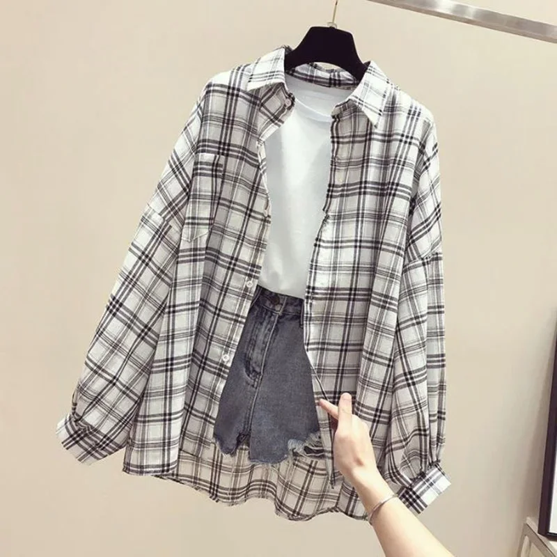 Vintage Plaid Shirts Women Autumn Long Sleeve Oversize Button Up Shirt Korean Fashion Casual Fall Outwear Tops Blusas Mujer 2024