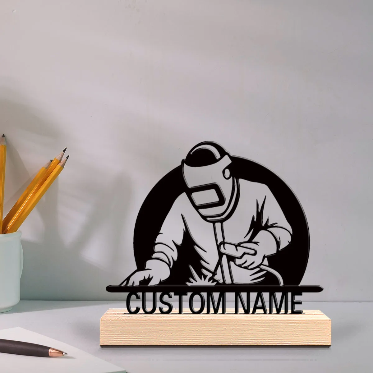 1pc Fashion worker Personalized Text Tin Statue Metal Ornament Art Crafts With Wood Base Metal Ornament For Boys Gifts