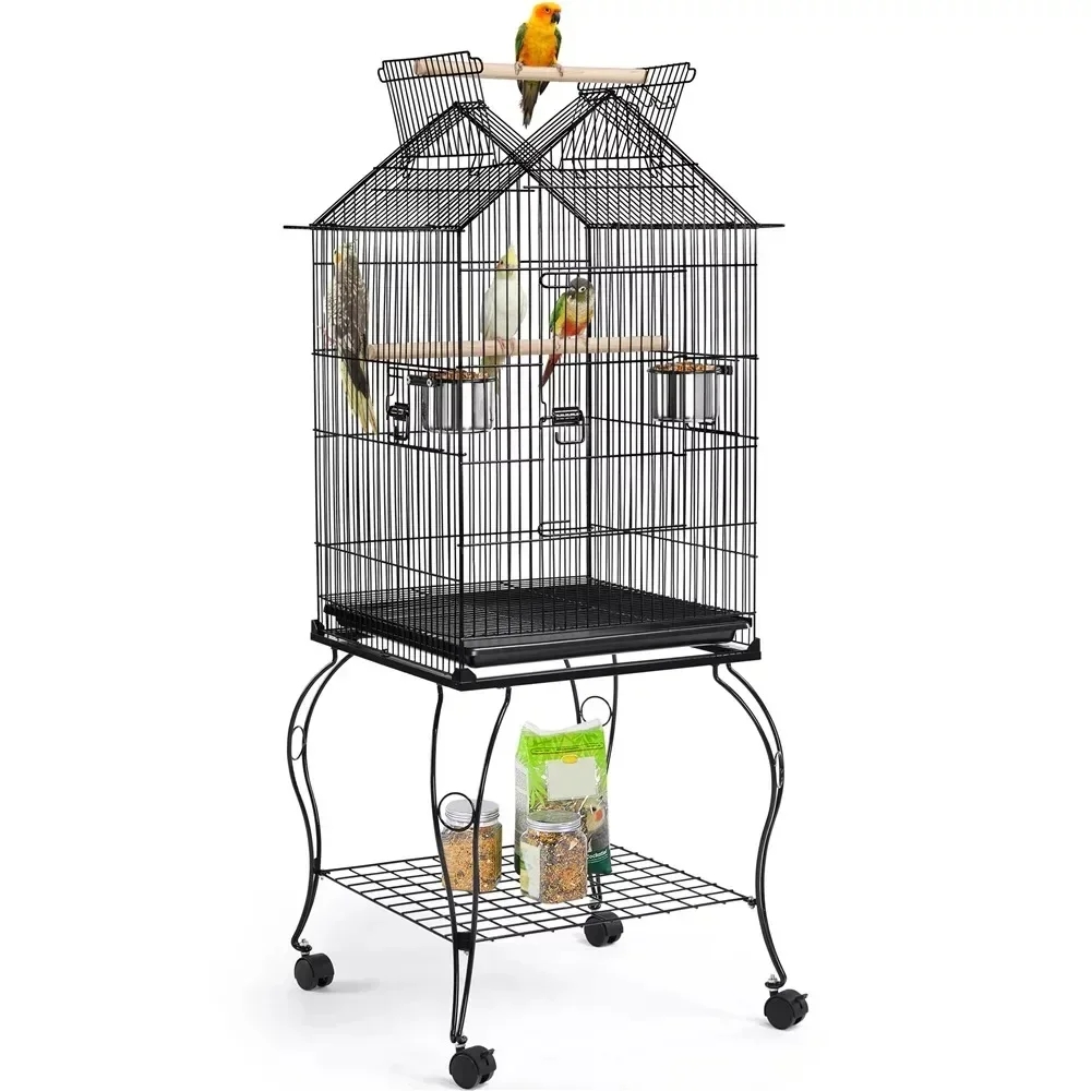 

57" Rolling Metal Parrot Cage Bird with Open Top, Black bird nest