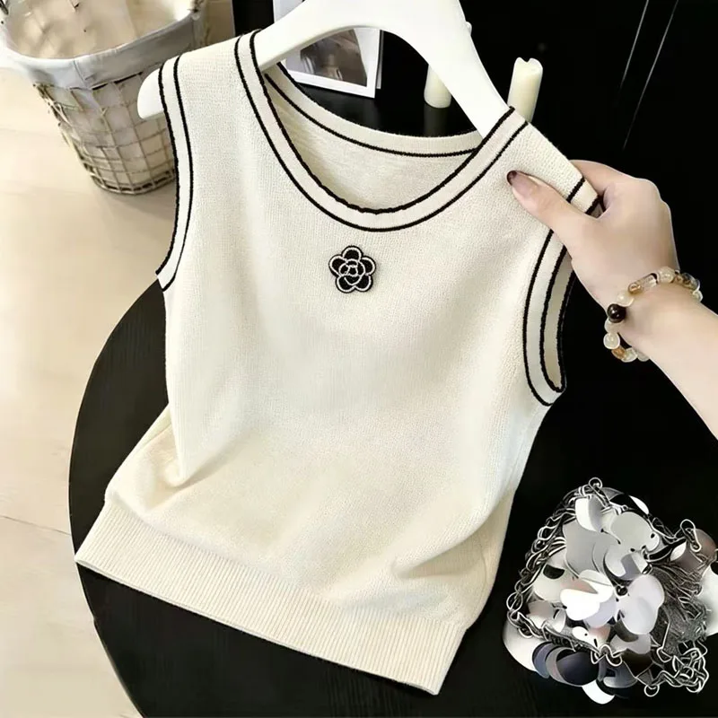 

Knitted Sweater Women Pullovers New Summer Sleeveless Floral White Knit Sweater Pullover Women Tops O-Neck Women Clothing Q4743