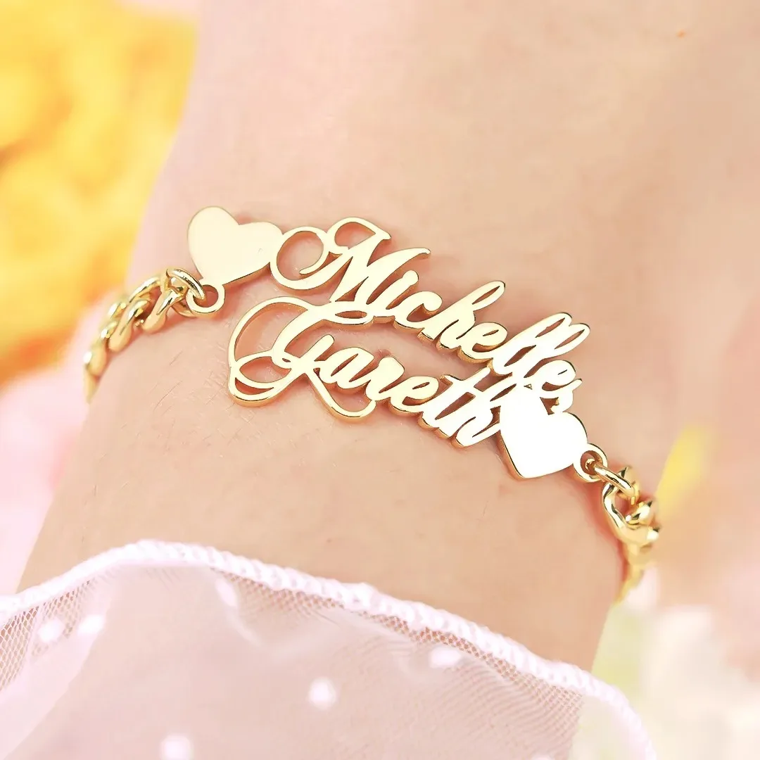 Custom Name Bracelets Personalized Two Hearts Two Names Bracelet Cuban Chain Bracelets For Couple Name Stainless Steel Jewelry