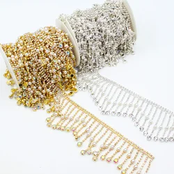 1Yard Wave AB Rhinestone perła wisiorek Tassel koralik pazur łańcuch wykończenia gumowa koronka na szycie, wesele pokrowiec na sukienkę Cap buty Craft Diy