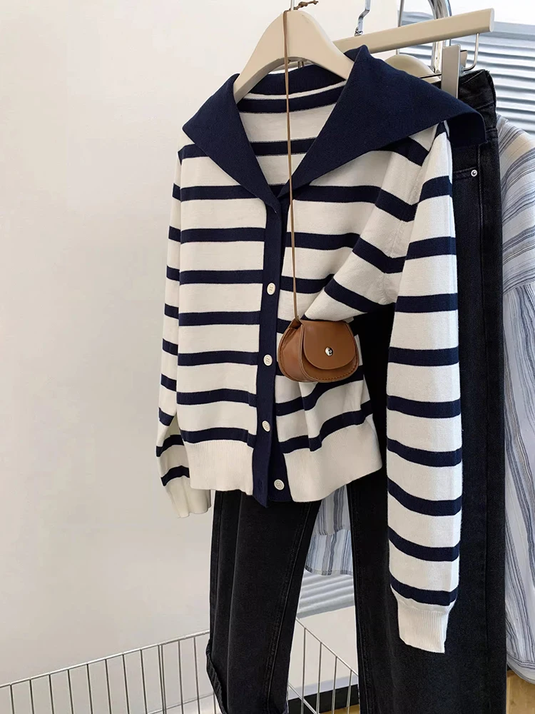 2024 Autumn New Navy Collar Knitted Cardigan Women's Button Striped Sweater Fashion Tops Preppy Style Sweater Coat