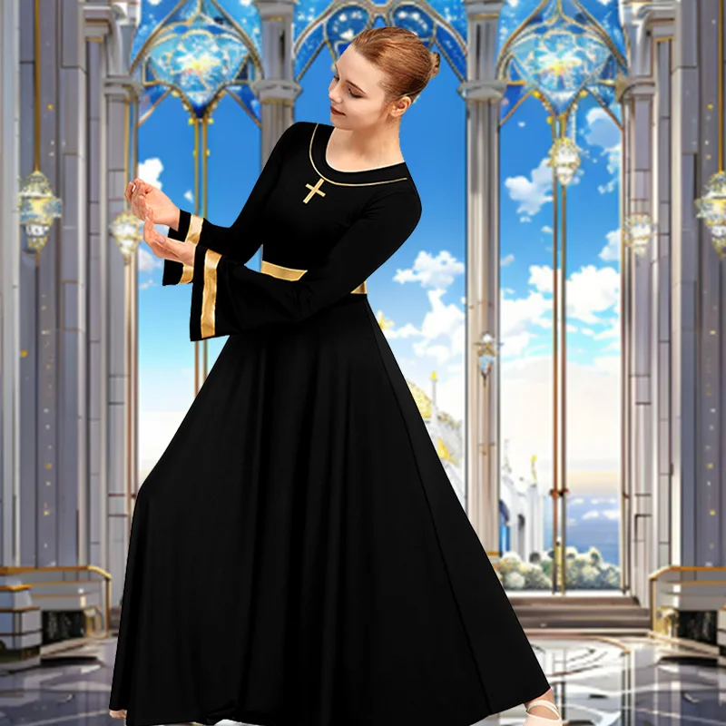 Abito da ballo moderno da donna a maniche lunghe, vestibilità ampia, lunghezza intera, per culto adulto, abito da ballo liturgico in costume metallico