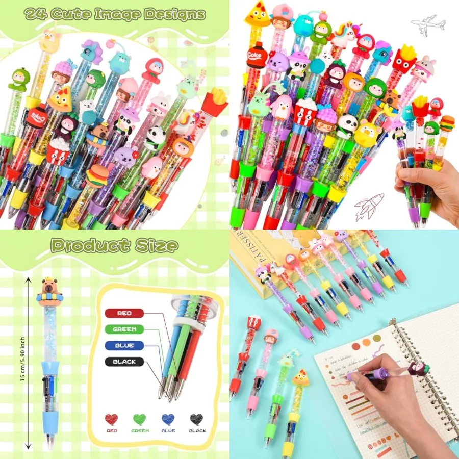 

LiYiQ 24 шт. разноцветная ручка в одном развлеждении, милые ручки 4-в-1, объемные шариковые ручки Kawaii, крутые шариковые ручки для забавных подарков, идеально подходящие для школы и офиса