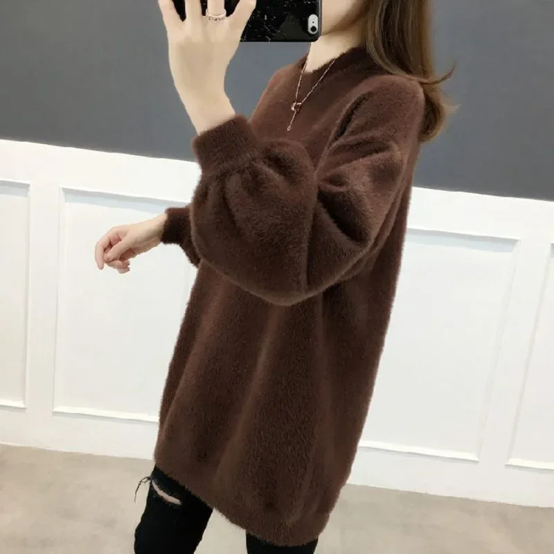 Autumn and Winter Women's Pullover Round Neck Solid Color Loose Fit Medium Long Sleeve Knitted Sweater Underlay Fashion Tops