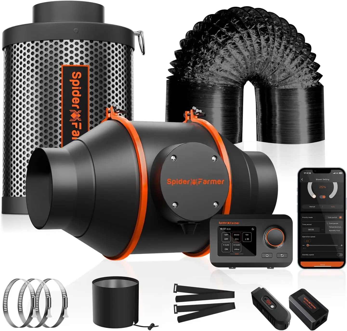 

4-дюймовый интеллектуальный комплект для фильтрации воздуха с управлением через приложение, встроенным вентилятором, контроллером температуры/влажности, угольным фильтром и воздуховодом для палаток для выращивания