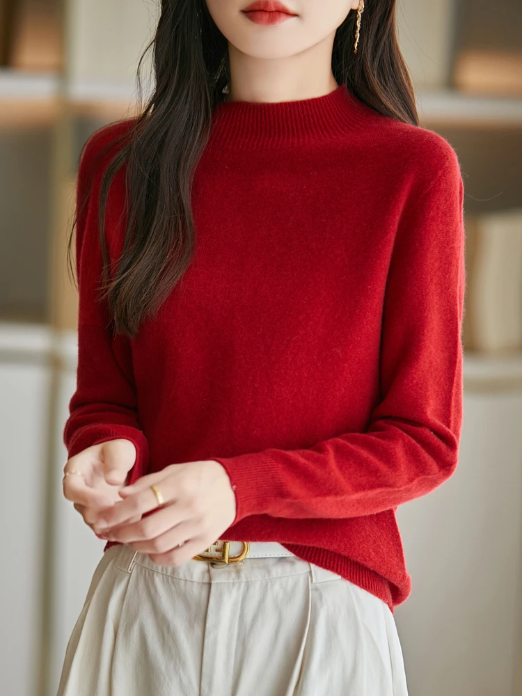 Fashion Basic  Women Merino Wool Sweater Cashmere Pullover O-Neck Knitwear Slim Solid Collar Elegant Clothing Tops