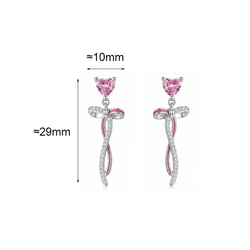 S999 Sterling Silver Needle Heart Zircon Colorful Enamel Bowknot Drop Earrings for Charm Women Fashion Jewelry Accessories