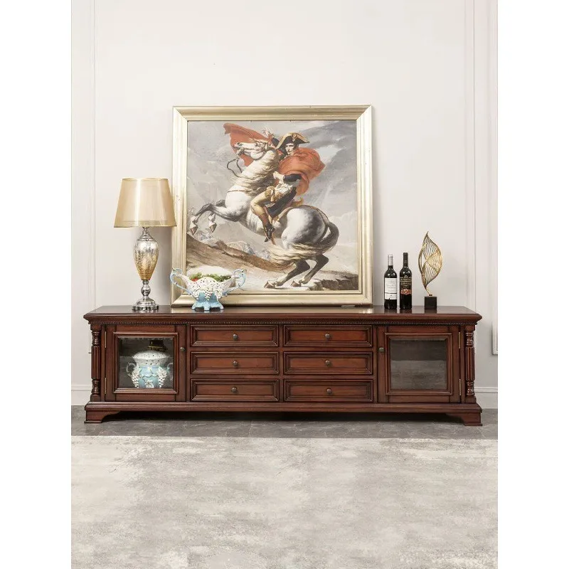 Retro double door six pumping glass storage gold silk teak all solid wood living room furniture floor cabinet
