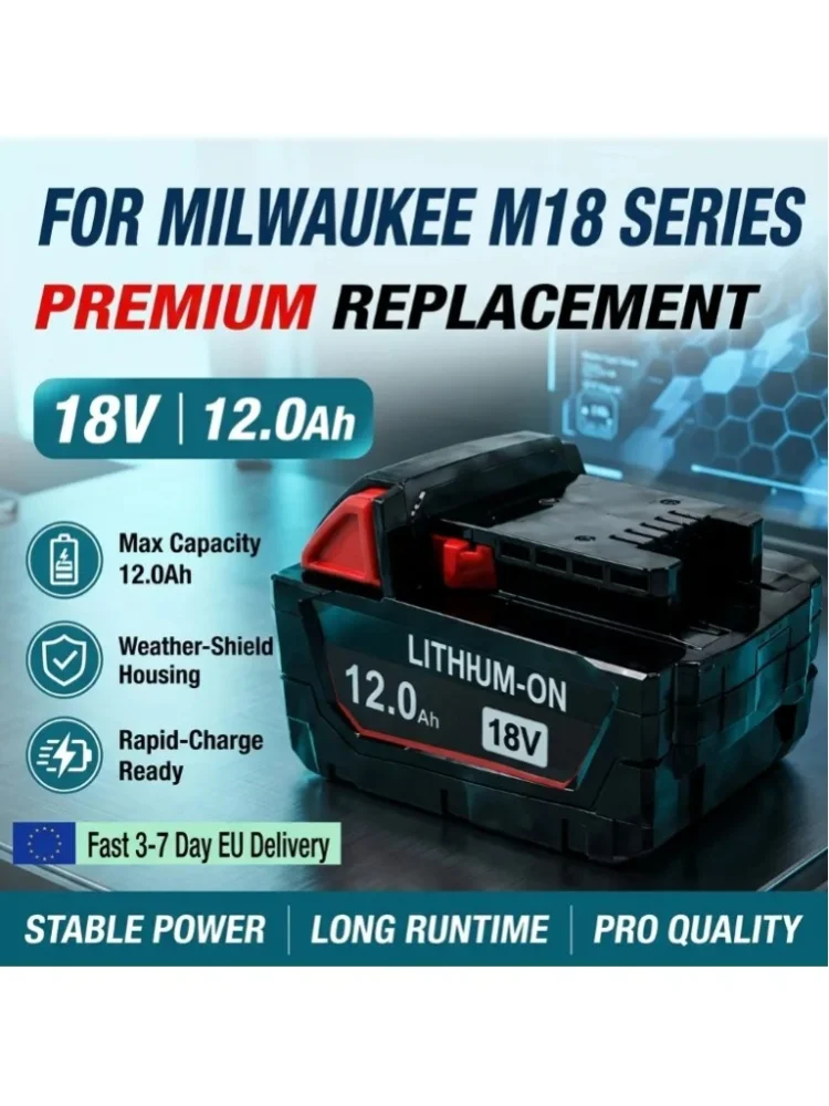 18V 12,0Ah Ersatz-Lithium-Akku für Milwaukee M18 Serie, Kompatibel mit Allen M18 18V Kabellosen Elektrowerkzeugen, Hochkapazitäts-Li-Ionen-Akkupack, Schnelles Laden, IP54 Staub- und Wasserschutz, EU