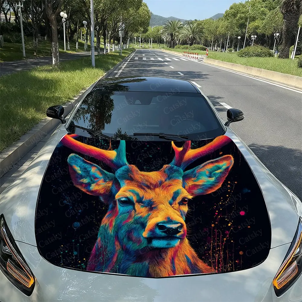 Colorful Deer Car Hood Decal Sticker - Splash-Resistant Vinyl Wrap, Easy Removal, Durable Fit For Car Engine Hood Decoration,Car