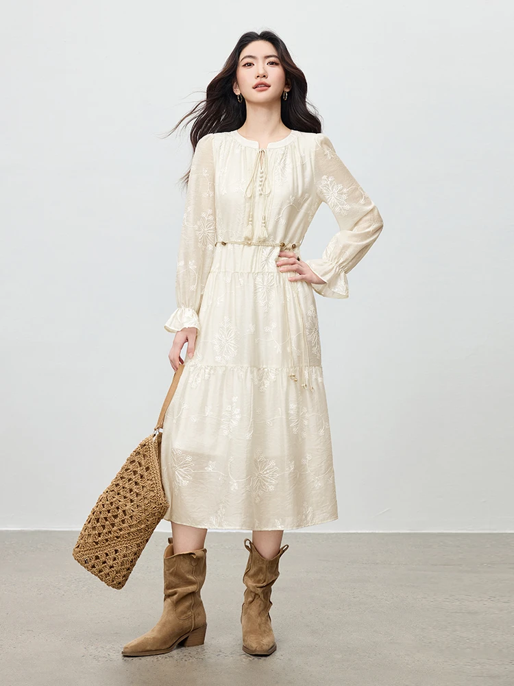 SENTUBILA Elegancka sukienka z lyocellu dla kobiet, kolekcja jesień 2025, sukienki o kroju litery A z długim rękawem, dekolt okrągły, bufiaste rękawy, luźne sukienki Q53LI3927