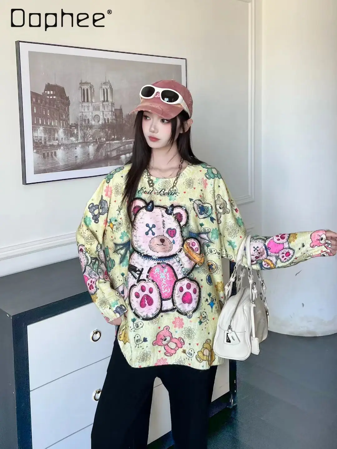 

Korean Version Loose Round Neck Long Sleeve Knitted Sweater for Women Autumn Winter New Cartoon Bear Sweater Versatile Top