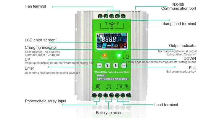 1400W 12V/24V Auto and 48V Off Grid MPPT Wind Solar Hybrid Charge Controller Suitable for 800W Wind + 600W PV