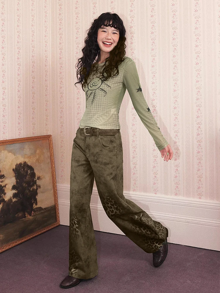 REDDACHiC Do Old Leopard Print Women's Jeans Ombre Loose Casual Low Waist Pockets Wide Leg Barrel Pants Y2k Harajuku Streetwear