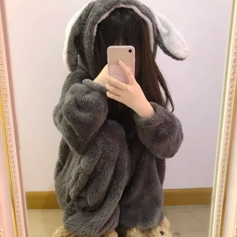 Fall and Winter Style Thickening Type Can Be Worn Outside Loungewear Warmth Soft Cute Bunny Coral Fleece One-piece Pajamas Ms.