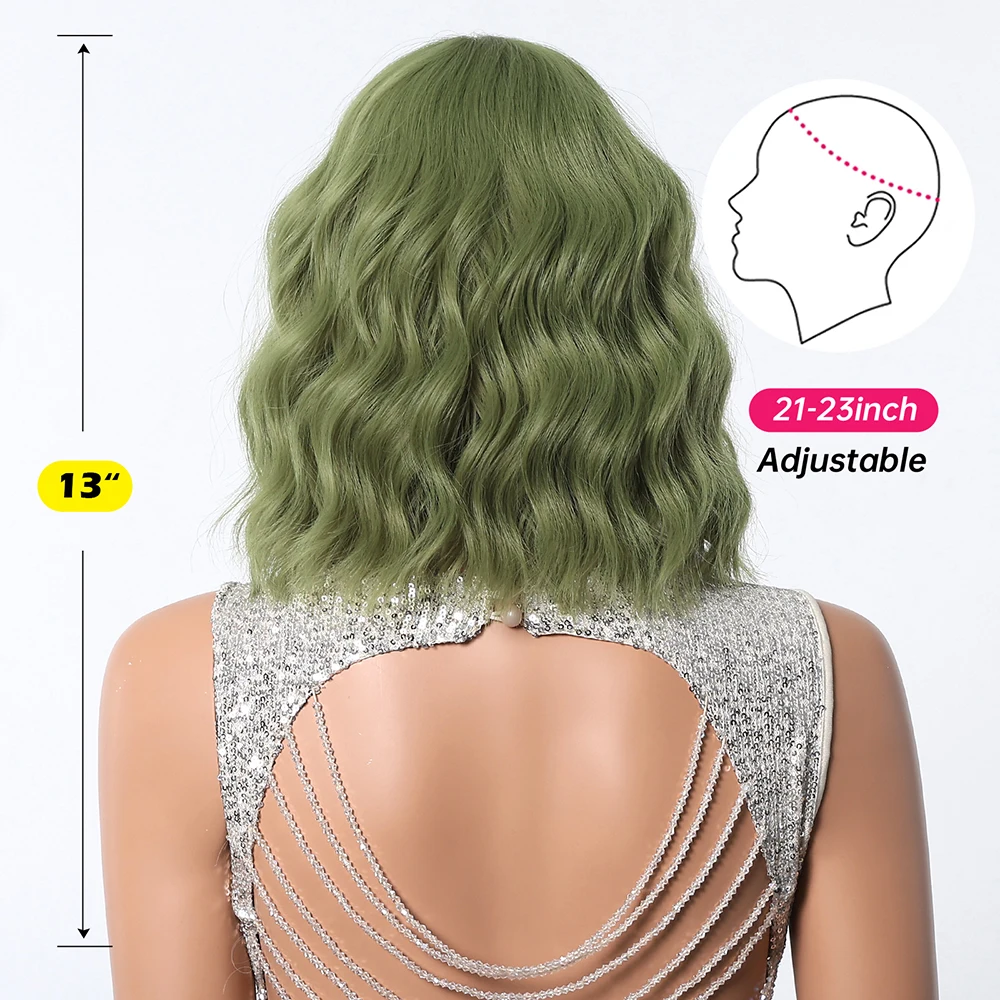 EASIHAHIR Short Synthetic Wigs Green Curly Wave Bob Wigs with Bangs for Women Daily Cosplay Party Heat Resistant Fake Hair Wigs