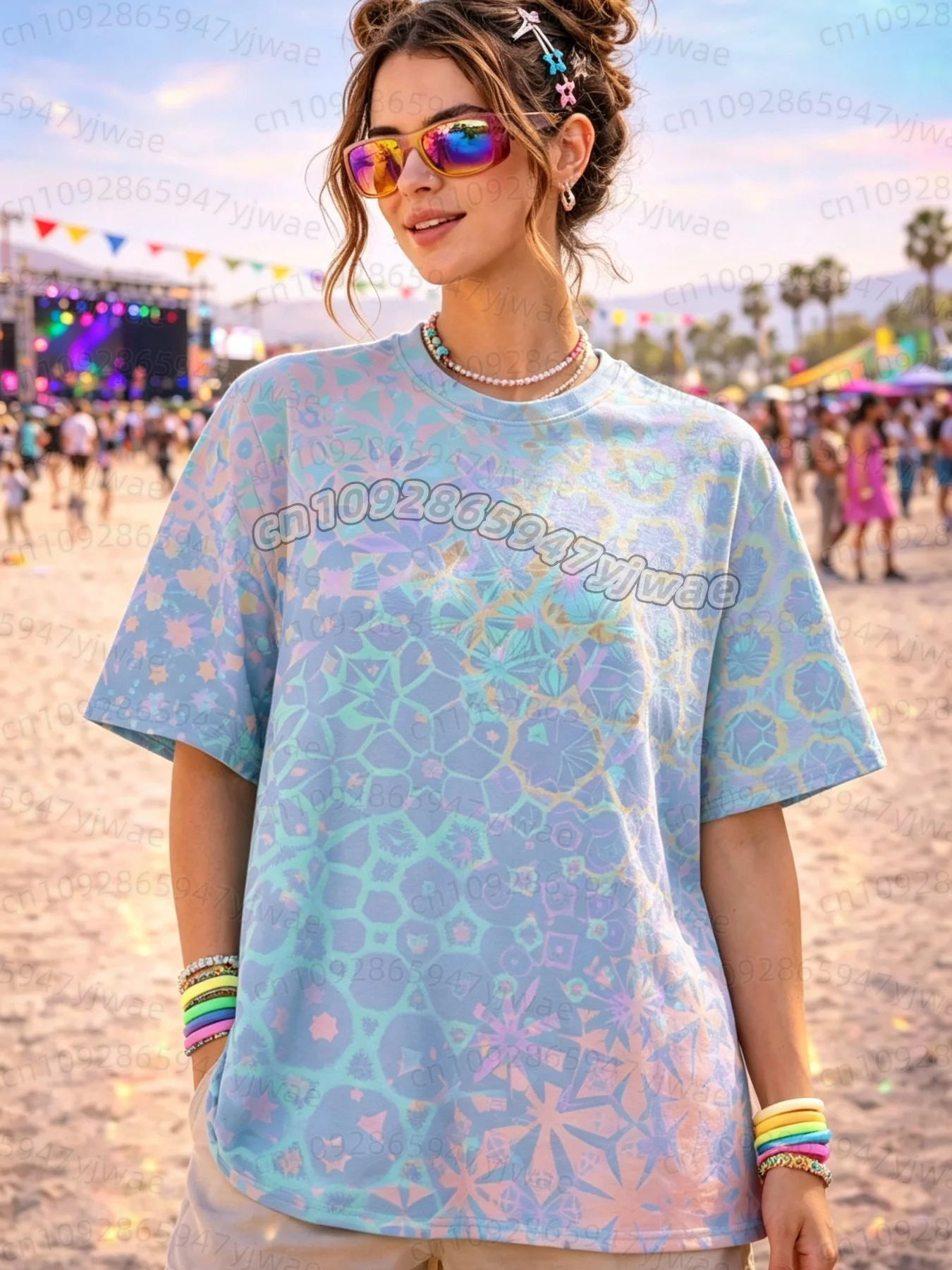 Damen Rave Festival Outfit Oversized T-Shirt Trippy Psychedelic Kaleidoskop Mandala Blumendruck Kurzarm T-Shirt Boho Hippie S – Detail 3
