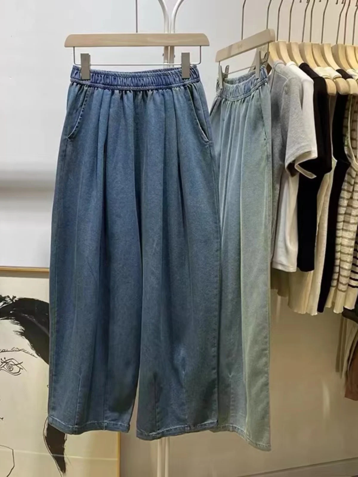 

Выцветшие винтажные джинсы с высокой талией и эластичной резинкой на талии, женские летние тонкие широкие брюки, брюки с девятью точками, повседневные женские джинсы Sli