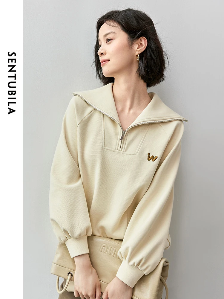 SENTUBILA Casual Cotton Sweatshirt for Women 2024 Autumn Straight Letter Embroidery Solid Simple Half Open Collar Coat 143A55822