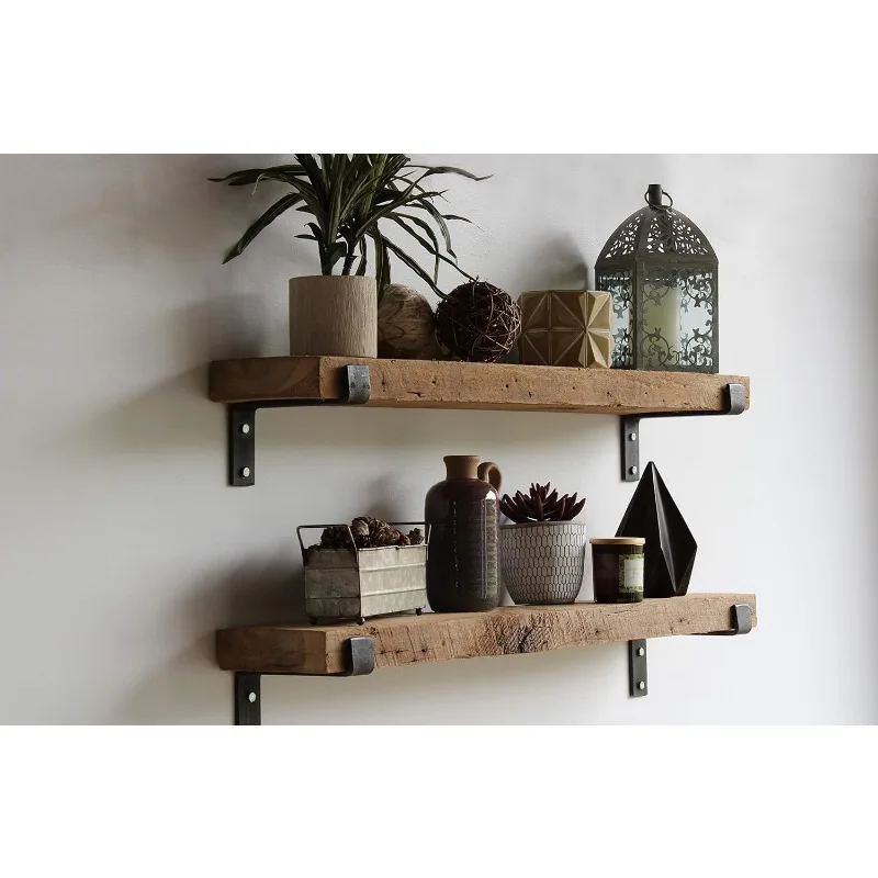 Accent Shelves | Reclaimed Barn Plank | Set of 2 with Full Brackets (Natural, 36