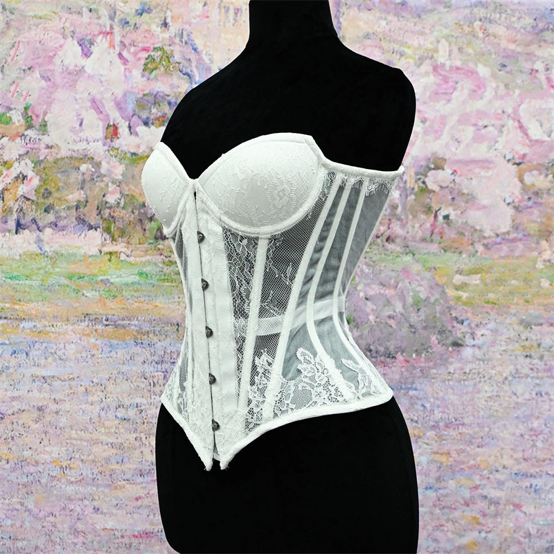 Women Luxury Overbust Corset Sexy With Cup White Transparent Mesh Bustiers Push Up Shaper Boned Strapless Bodices Wedding Tops