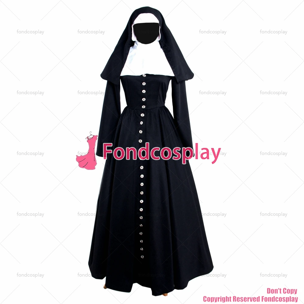 fondcosplay cross dressing sissy maid Gothic Nun black cotton buttons Dress Outfit headpiece cosplay Costume CD/TV[G883]