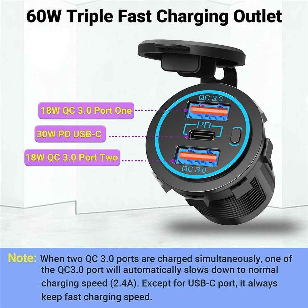 12V Dual QC3.0 USB Port and 30W PD USB C Car Charger Socket with Power Switch for Boat Marine Truck Golf RV