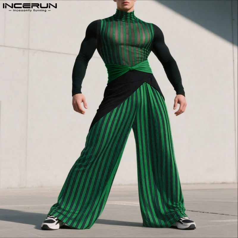 INCERUN Men Sets Mesh Striped Patchwork See Through Turtleneck Long Sleeve T Shirt & Pants 2PCS Streetwear Fashion Men's Suits