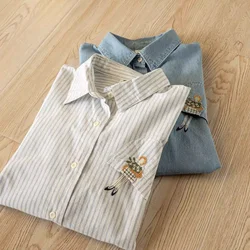 2026 Mori kei clothing Japanese style cartoon girl embroider denim shirts and blouses for women pure cotton long sleeve tops