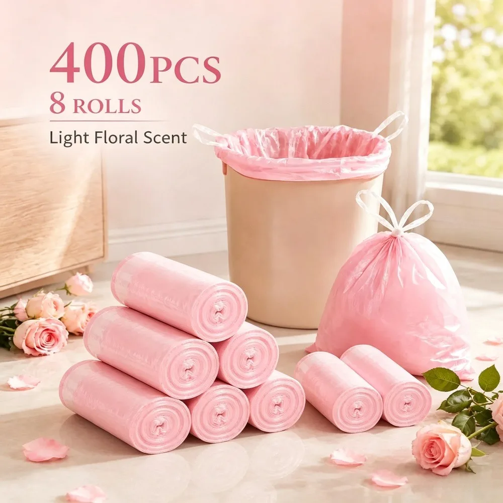 8 Rolls/400PCS Rose Scented Pink Drawstring Trash Bags 4-5 Gallon Leak-Resistant Small Garbage Bags for Bathroom Bedroom Office Kitchen Dorm Room & Apartment Essentials