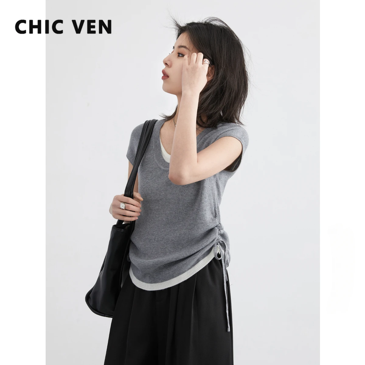 CHIC VEN Fashion Women T-Shirt Casual Short Sleeve Slim O Neck Ladies Tees Pleated Knitted Drawstring Sweater Spring Autumn 2026