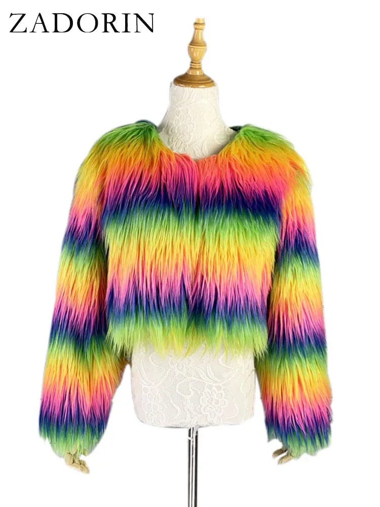 ZADORIN Fashion Colorful Rainbow Hairy Faux Fur Coat Women Crop Top 2024 Autumn Winter Fluffy Cropped Jacket Festival Clothing