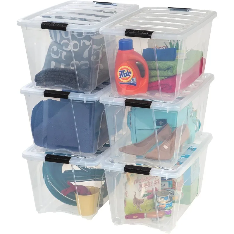 

USA 6 Quart Stackable Plastic Storage Bins , Latches, Durable Nestable Containers, Secure Pull Handle - Clear/Black