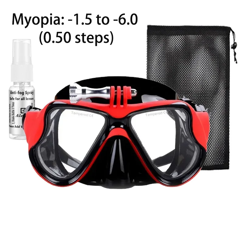 Tauchmaske für Kurzsichtige mit Gopro-Halterung, mit Antibeschlag-Spray, Kunststofflinsen für Schwimmen und Schnorcheln (1,5-6,0)