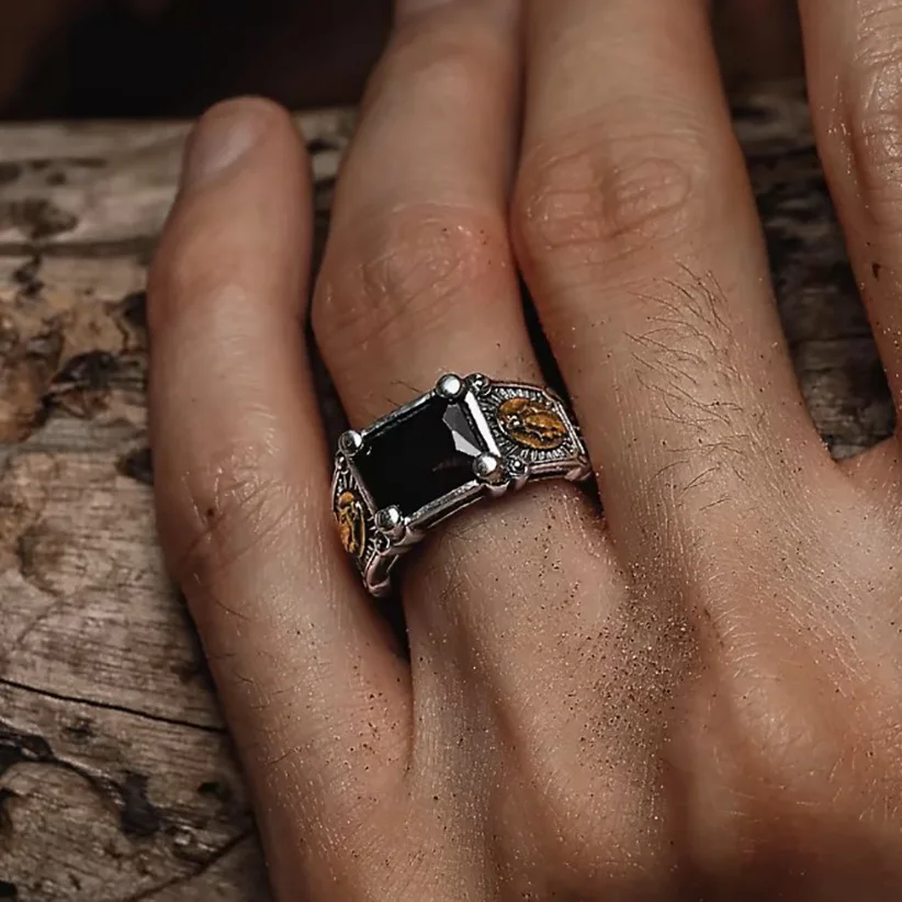 Sam Panda 925 Sterling Silver Rings  for Women Man Retro Hip Hop Inlaid With Black Stone Versatile Jewelry Party Gift Dropship