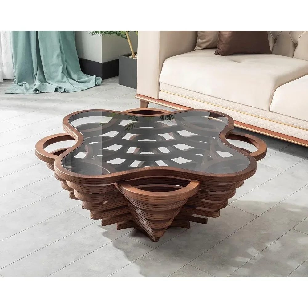 

Natural Walnut Veener Coffee Tables for Living Room| Rustic Table| Mesa De Centro para Sala| Center Table, Glass Table top