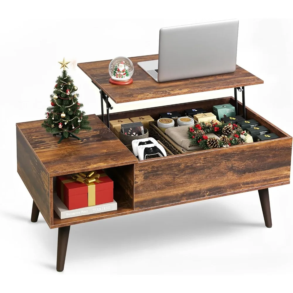 

Lift Top Coffee Table with Storage Rustic Brown Wooden Dining Center Table Hidden Compartment Shelf Living Room