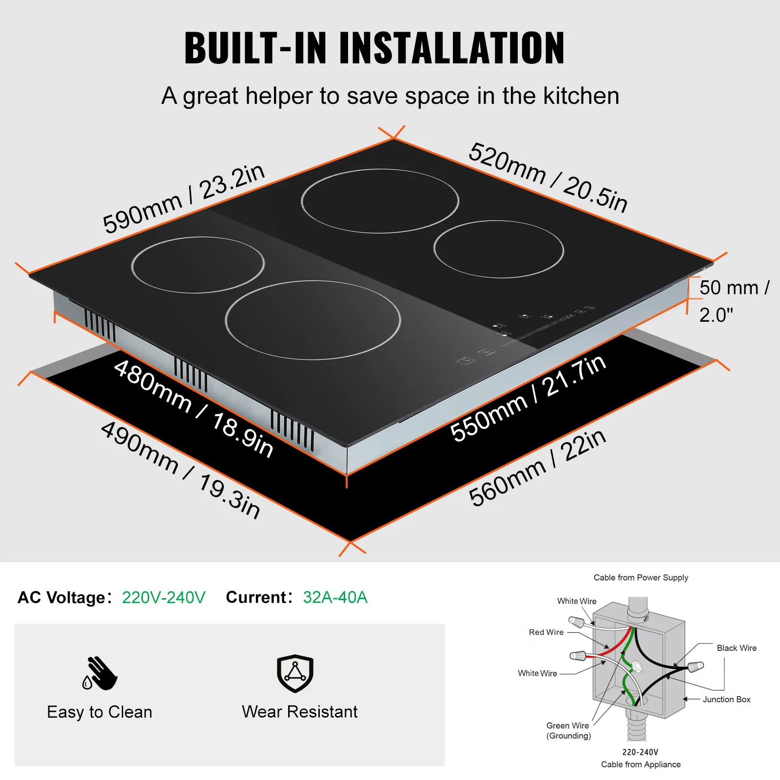 VEVOR-Plaque de cuisson électrique à induction intégrée, plaque de cuisson en verre céramique, 2/4/5 brûleurs, 12 ", 24", 30 ", utilisation domestique et commerciale