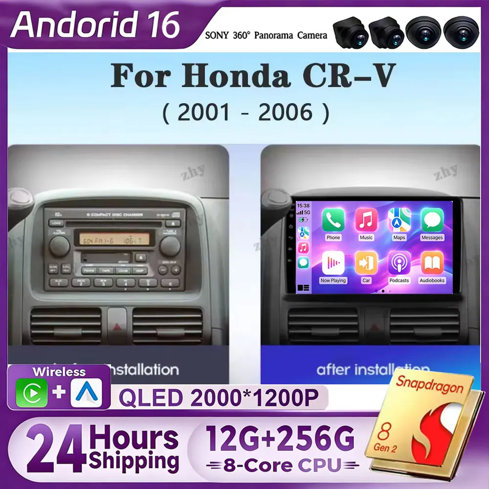 Android 16 Auto Multimedia Video Player For Honda CR-V CRV 2 2001 - 2006 Carplay GPS 2 Din 360 Camera CAR Radio Cooling Fan QLED