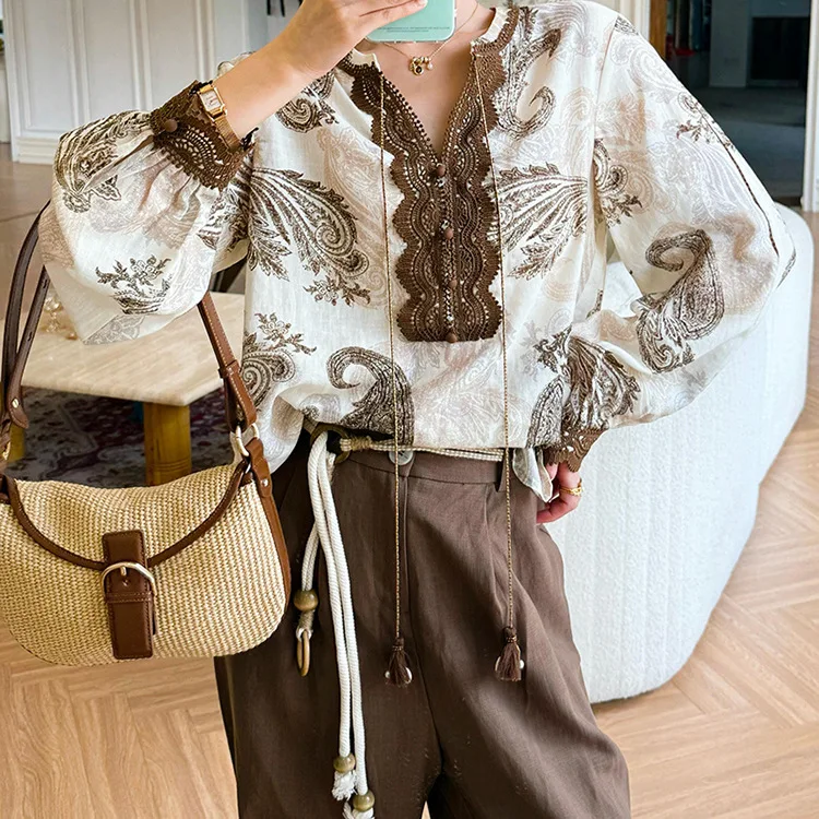 Boho Vintage Printed Blouse Shirt Women Elegant Lyocell Linen Spring Autumn V-neck Long Sleeve Ladies Loose Casual Ladies Tops