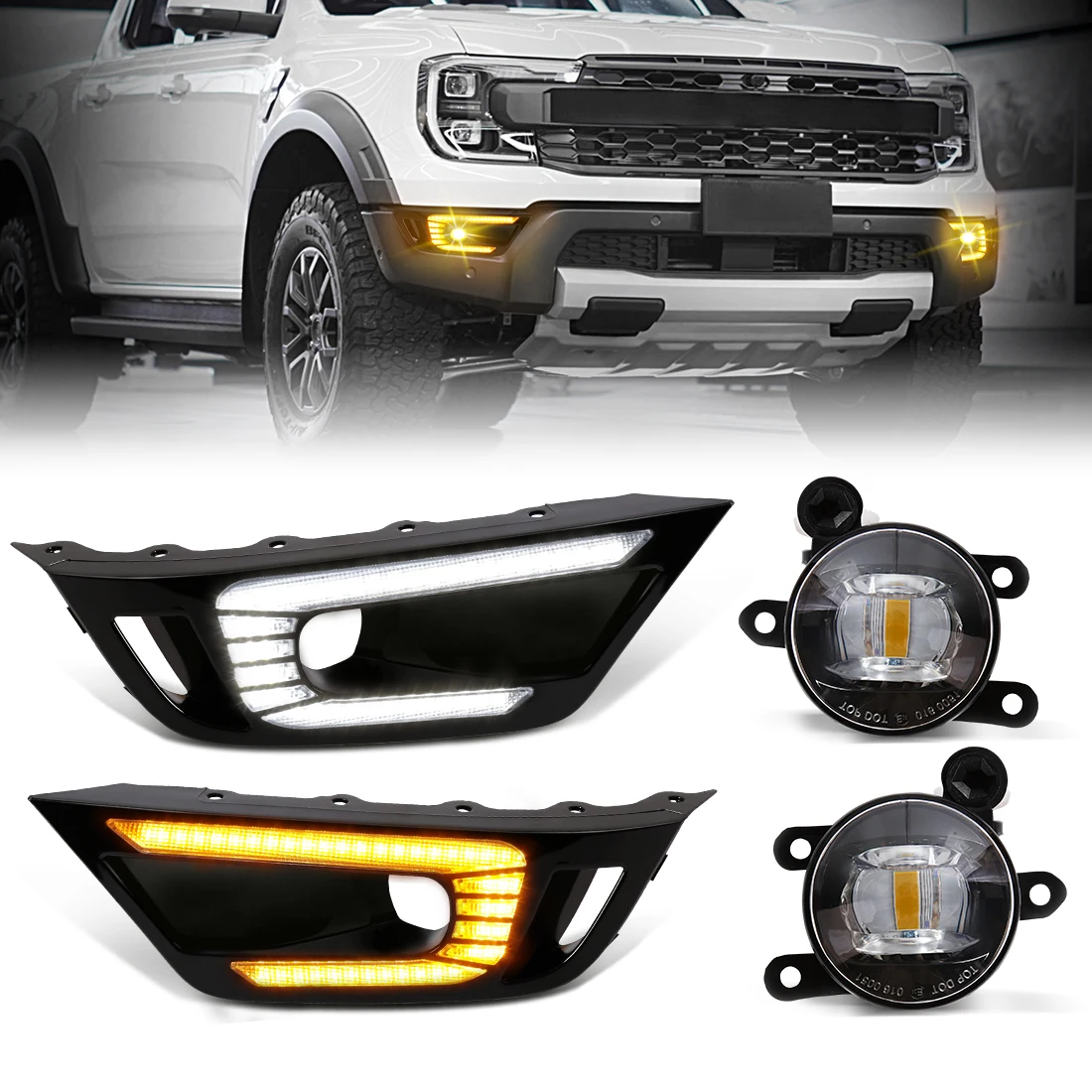 

Car LED White Daytime Running Light DRL For Ford Ranger Raptor 2022 Yellow Turn Signal Lamp Fog Lamp Front Bumper Driving 12V