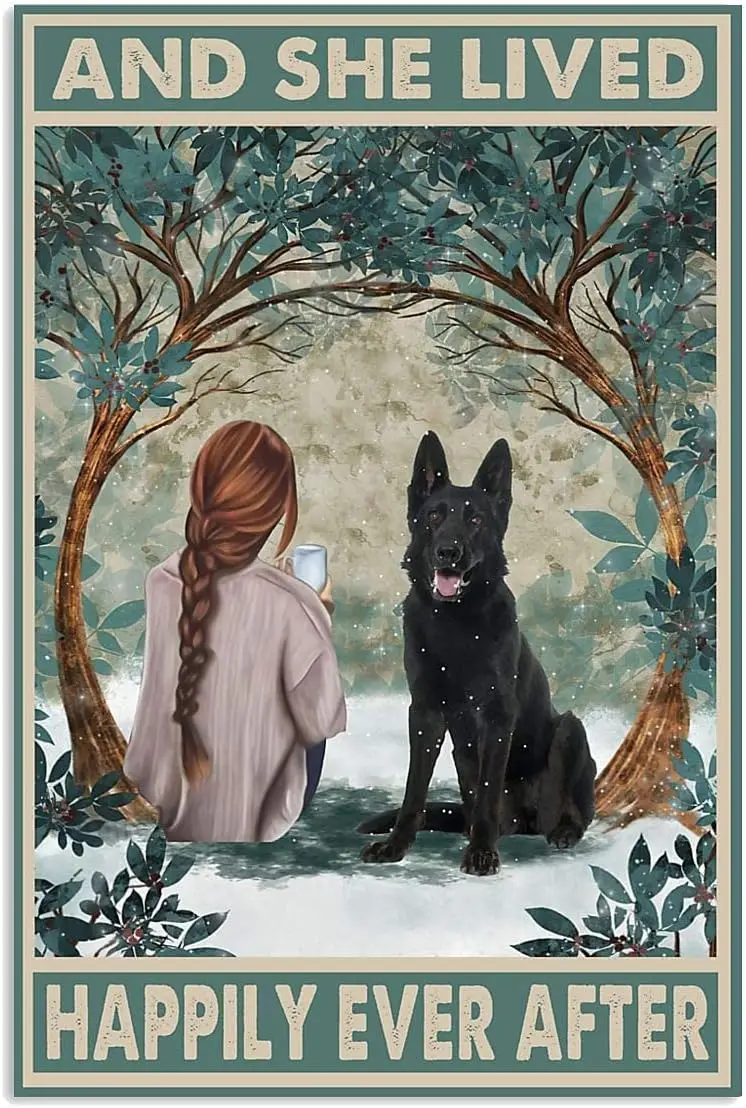 Black German Shepherd and She Lived Happily Ever After with Her Dog Metal Funny Tin Sign Bar Coffee Home Kitchen Room Art W sign